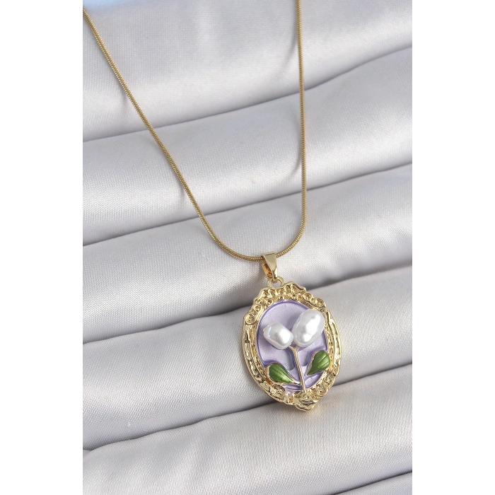 316L Çelik Gold Renk Mor İncili Çiçek İşlemeli Portre Model Kadın Kolye - TJ-BKO10146