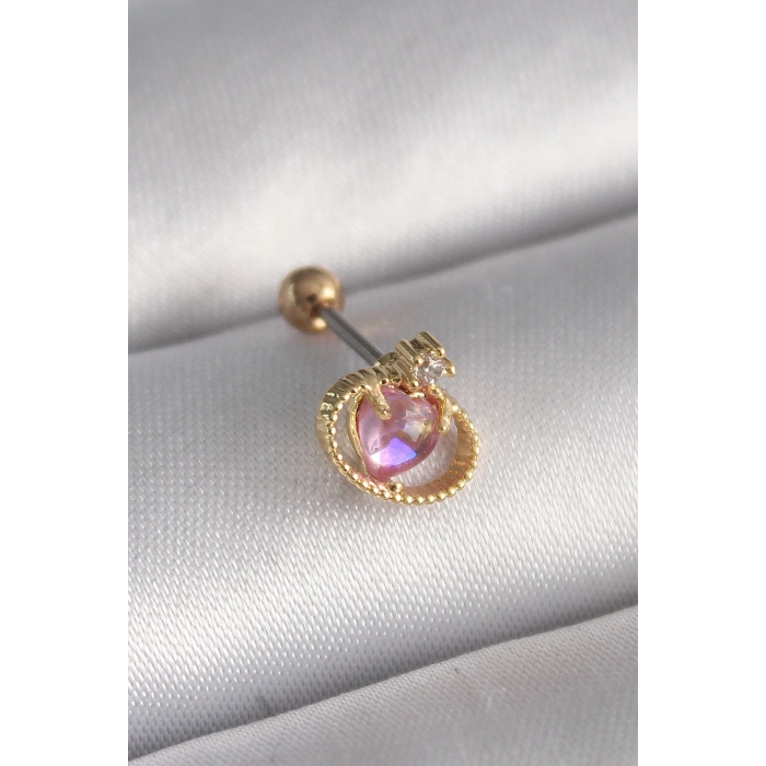 316L Çelik Gold Renk Pembe Mineli Kalp Zirkon Taş Detay Tragus Piercing - TJ-PR1272
