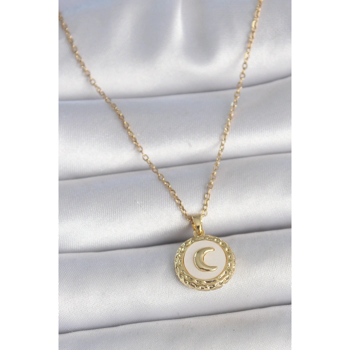 316L Çelik Gold Renk Zincir Beyaz Mineli Hilal İşlemeli Madalyon Model Kadın Kolye - TJ-BKO10035