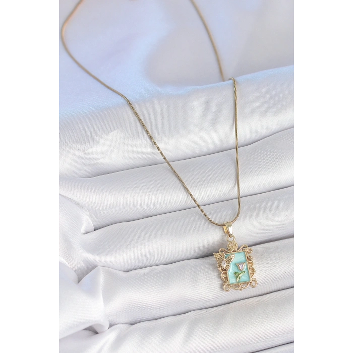 316L Çelik Gold Renk Zincir Mavi Mineli Çiçek İşlemeli Zirkon Taşlı Detay Portre Model Kadın Kolye - TJ-BKO10189