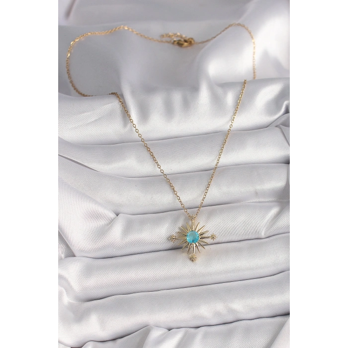316L Çelik Gold Renk Zincir Mavi Taş Detaylı Kuzey Yıldız Model Kadın Kolye - TJ-BKO9806