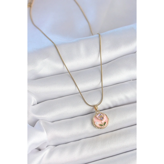 316L Çelik Gold Renk Zincir Pembe Minimal Çiçek İşlemeli İnci Detay Portre Model Kadın Kolye - TJ-BKO10129