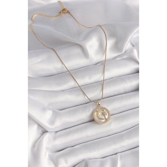 316L Çelik Gold Renk Zincir Zirkon Taş Detaylı Beyaz Sedefli Ay Yıldız Model Kadın Kolye - TJ-BKO9638