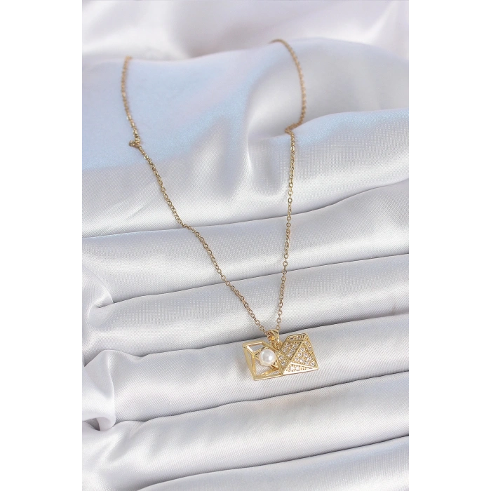 316L Çelik Gold Renk Zincir Zirkon Taşlı Açılır İncili Elmas Model Kadın Kolye