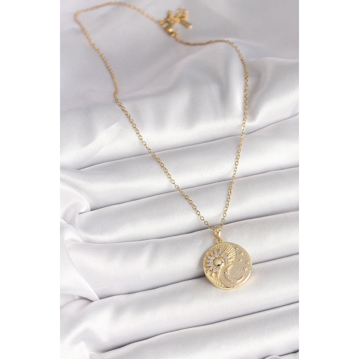 316L Çelik Gold Renk Zincir Zirkon Taşlı Ay Güneş İşlemeli Madalyon Model Kadın Kolye - TJ-BKO9958