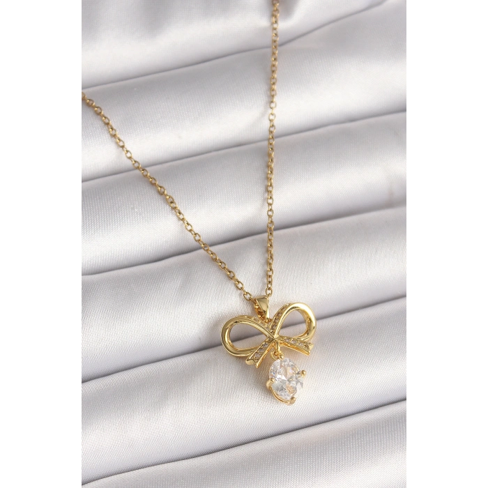 316L Çelik Gold Renk Zincir Zirkon Taşlı Kurdele Model Kadın Kolye - TJ-BKO9960