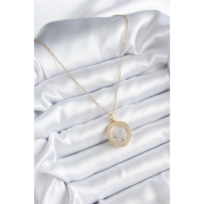 316L Çelik Gold Renk Zirkon Taş Detay Ay Yıldız Fanus Model Kadın Kolye - TJ-BKO8194