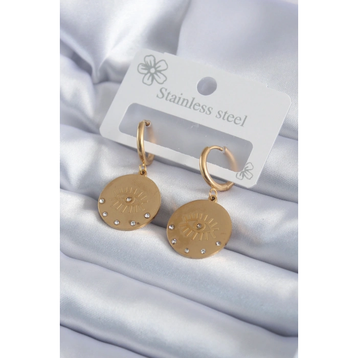 316L Çelik Gold Renk Zirkon Taşlı Göz İşleme Model Kadın Küpe - TJ-BKP7985