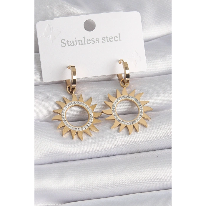 316L Çelik Gold Renk Zirkon Taşlı Güneş Model Kadın Küpe - TJ-BKP9570