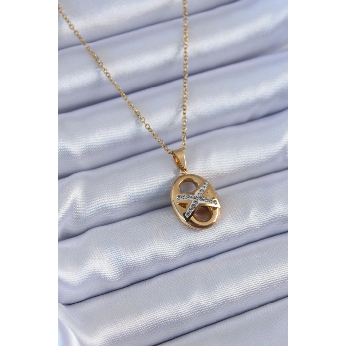 316L Çelik Gold Renk Zirkon Taşlı Kadın Kolye - TJ-BKO7635