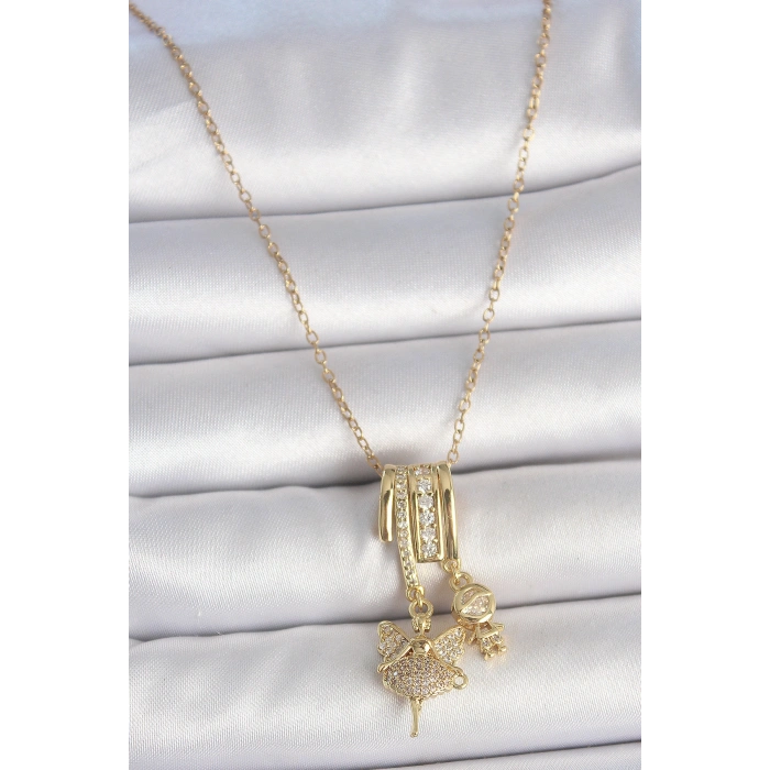 316L Çelik Gold Renk Zirkon Taşlı Sallantı Melek Figür Charm Kadın Kolye - TJ-BKO10099
