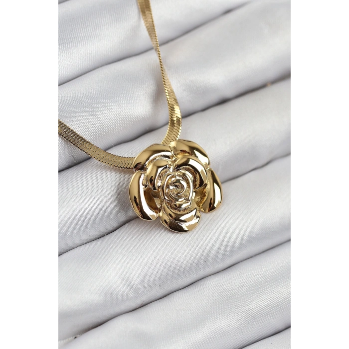 316L Çelik Gül Figürlü İtalyan Zincir Model Gold Renk Kadın Kolye - TJ-BKO10513