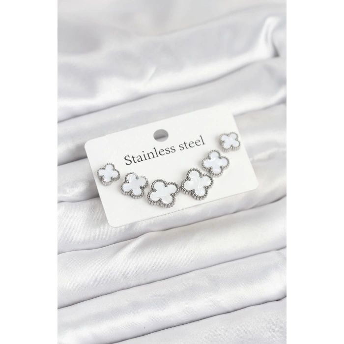 316L Çelik Gümüş Beyaz Renk 3 Boy Yonca Küpe Seti