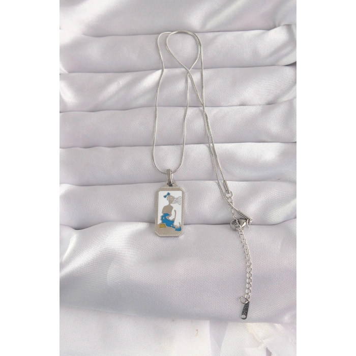 316L Çelik Gümüş Renk Beyaz Mineli Kız Figür Tarot Kolye