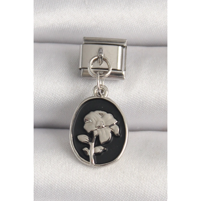 316L Çelik Gümüş Renk Gümüş Çiçek İşlemeli Siyah Portre Model Nomination Charm - TJ-BC1210
