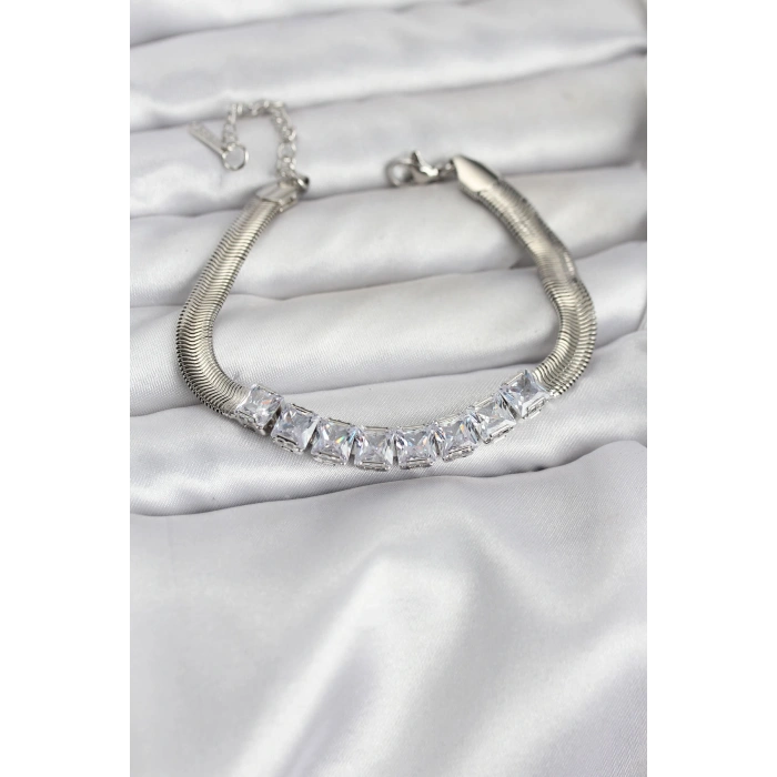 316L Çelik Gümüş Renk Kare Zirkon Taşlı Yılan Zincirli Kadın Bileklik - TJ-BB8153