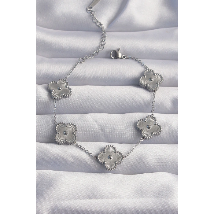 316L Çelik Gümüş Renk Motifli Yonca Bileklik