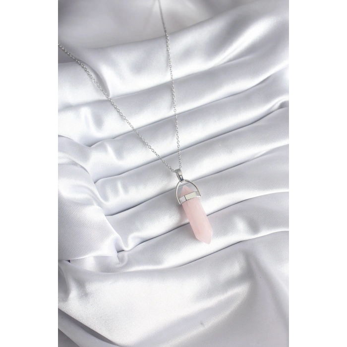 316L Çelik Gümüş Renk Pembe Taşlı Kadın Kolye