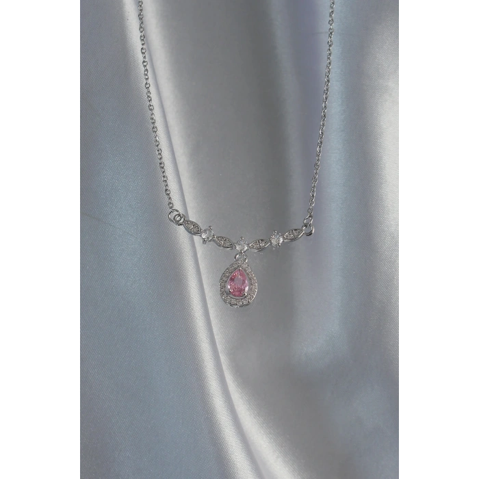 316L Çelik Gümüş Renk Pembe Zirkon Taşlı Damla Kolye