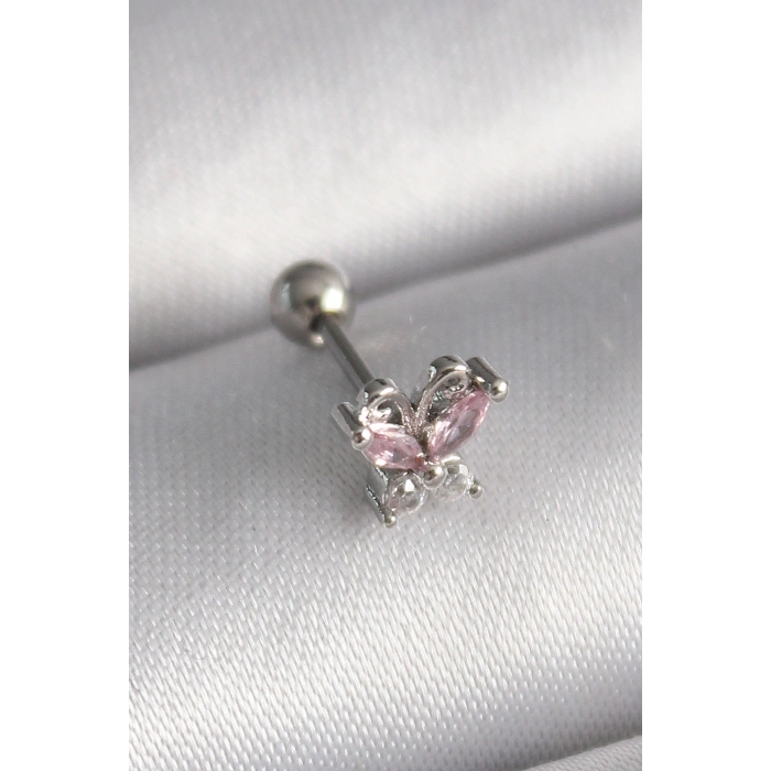 316L Çelik Gümüş Renk Pembe Zirkon Taşlı Tragus Piercing - TJ-PR1241