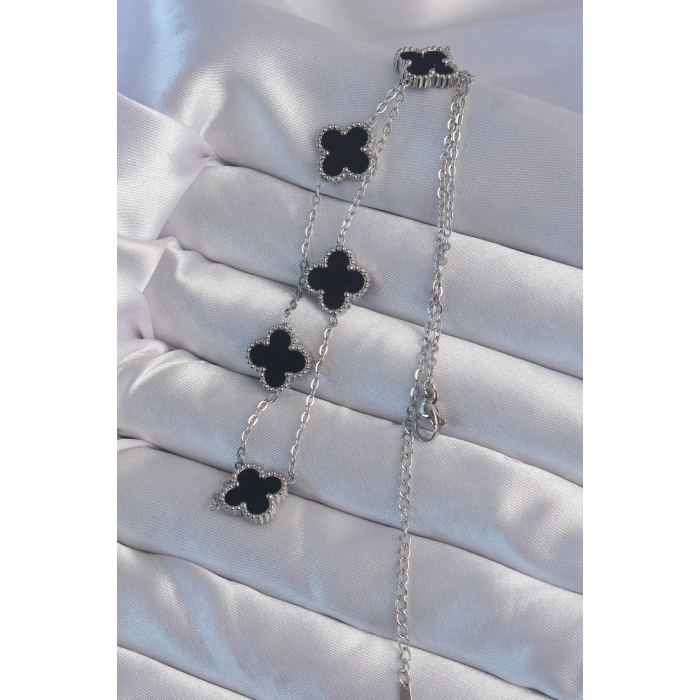 316L Çelik Gümüş Renk Siyah Mineli Yonca Kolye - TJ-BKO8997