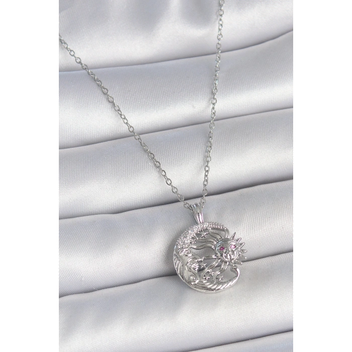 316L Çelik Gümüş Renk Zincir Ay Güneş Model Zirkon Taş Detay Kadın Kolye - TJ-BKO10056