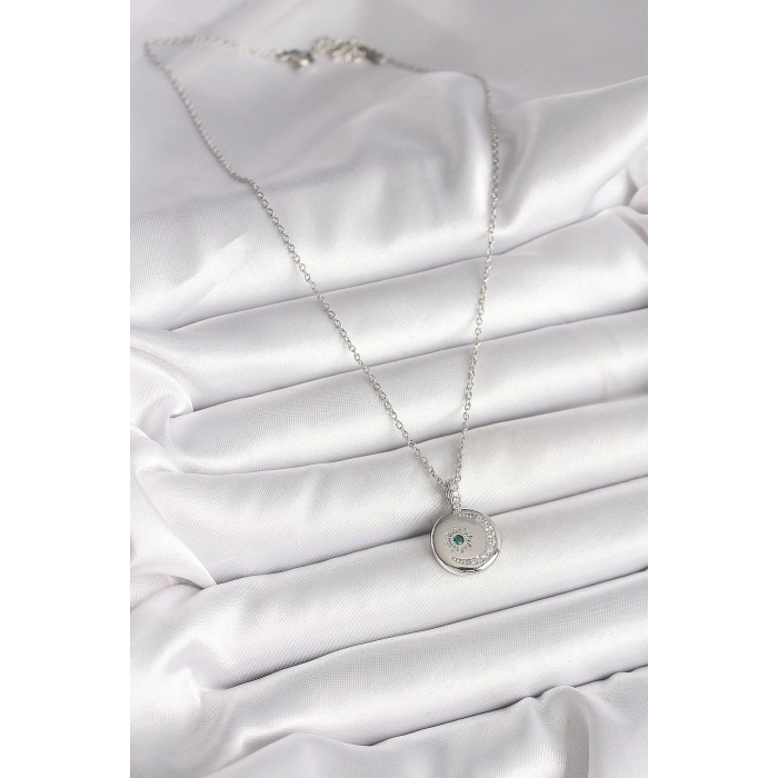 316L Çelik Gümüş Renk Zincir Madalyon Zirkon Taşlı İşlemeli Hilal Yıldız Model Kadın Kolye - TJ-BKO9953