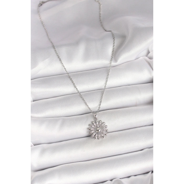 316L Çelik Gümüş Renk Zincir Zirkon Taşlı Güneş Model Kadın Kolye - TJ-BKO9967