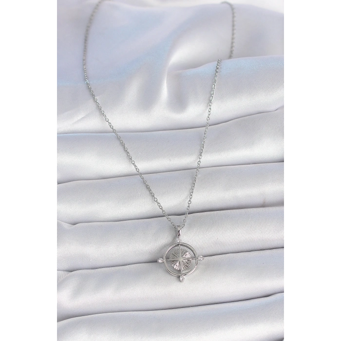 316L Çelik Gümüş Renk Zincir Zirkon Taşlı Pusula Model Kadın Kolye - TJ-BKO10038