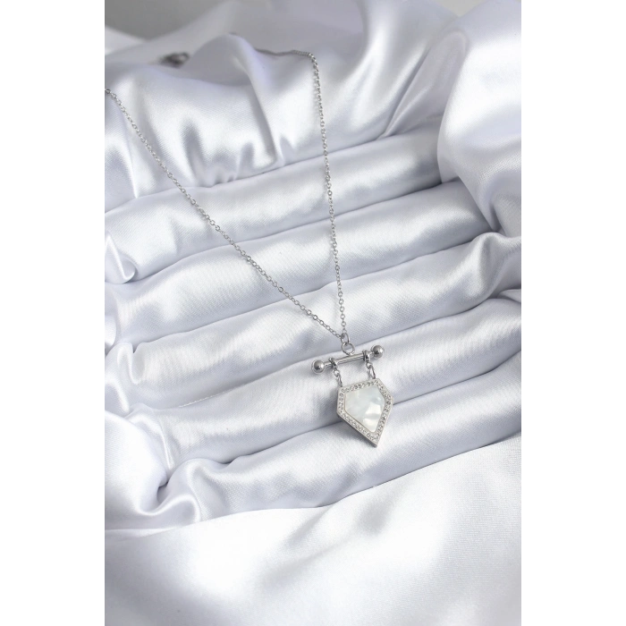 316L Çelik Gümüş Renk Zirkon Taş Detay Kadın Kolye - TJ-BKO7896