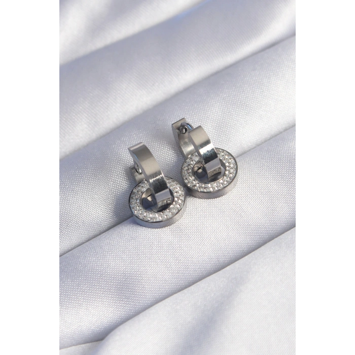 316L Çelik Gümüş Renk Zirkon Taşlı İç İçe Geçmeli Oval Küpe - TJ-BKP9013