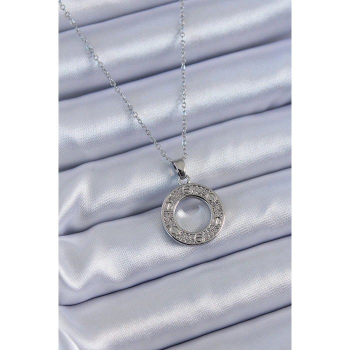 316L Çelik Gümüş Renk Zirkon Taşlı Model Kadın Kolye