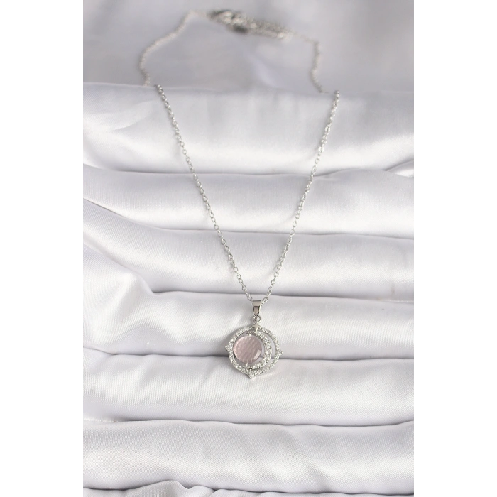 316L Çelik Gümüş Renk Zirkon Taşlı Pembe Sedefli Hilal Model Kadın Kolye - TJ-BKO9701