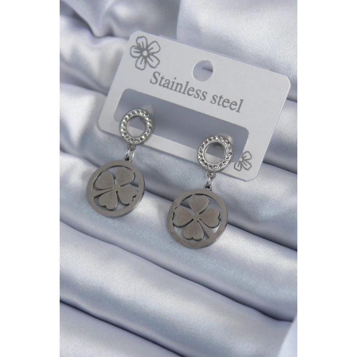 316L Çelik Gümüş Renk Zirkon Taşlı Yonca Model İşleme Detay Kadın Küpe - TJ-BKP7934