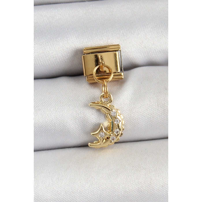 316L Çelik Sallantılı Zirkon Taşlı Ay Model Gold Renk Nomination Charm - TJ-BC1431