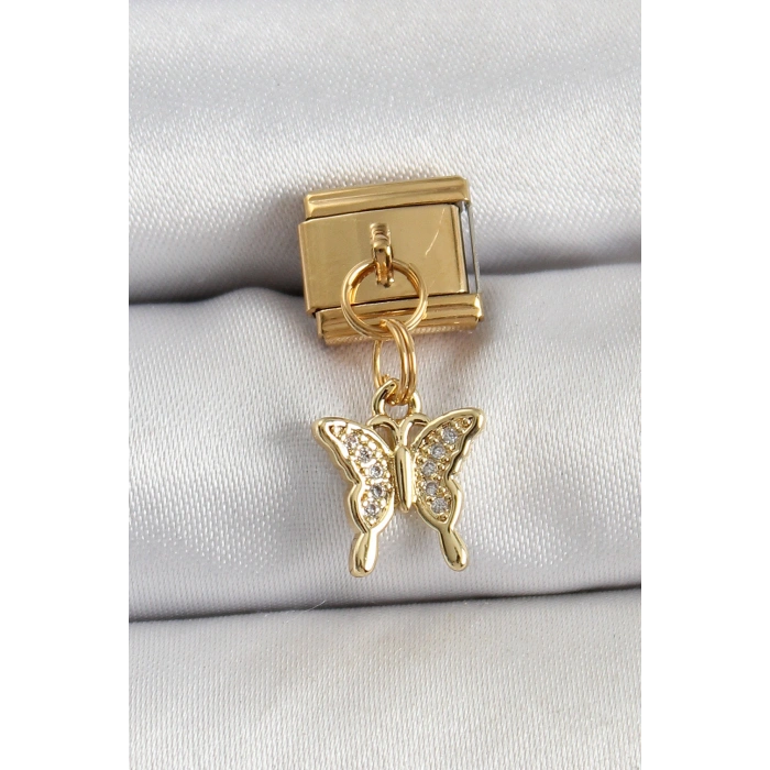 316L Çelik Sallantılı Zirkon Taşlı Model Gold Renk Nomination Charm - TJ-BC1414