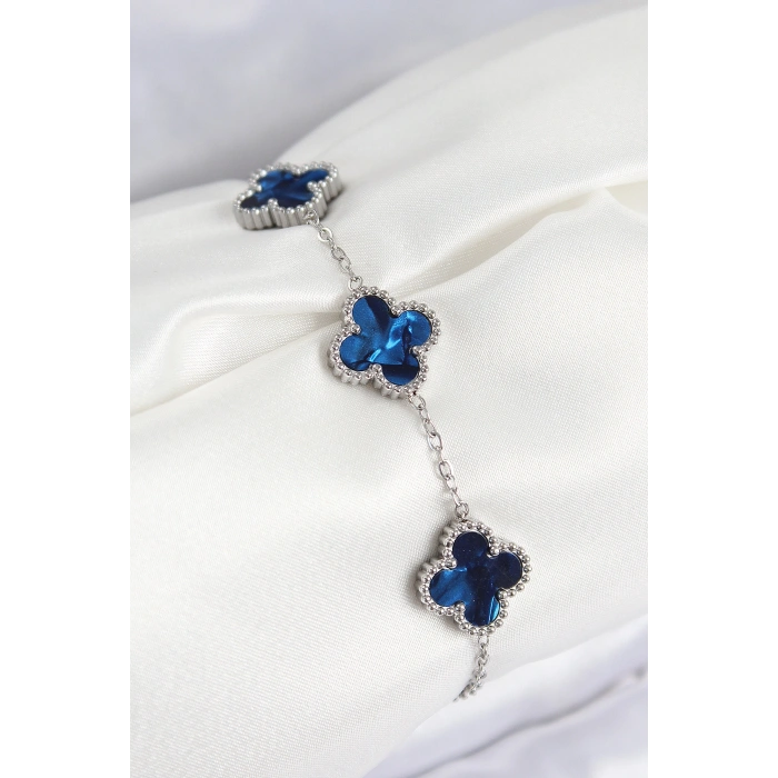 316L Çelik Sedefli Lacivert Gümüş Renk Yonca Kadın Bileklik - TJ-BB7671