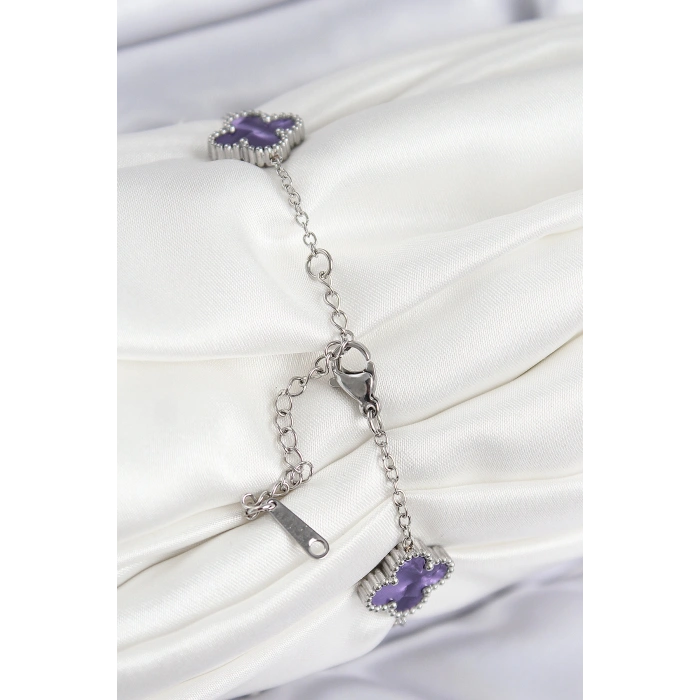 316L Çelik Sedefli Mor Gümüş Renk Yonca Kadın Bileklik - TJ-BB7674