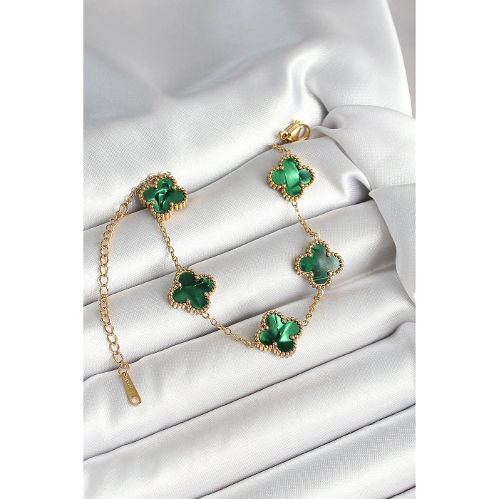 316L Çelik Sedefli Zümrüt Yeşil Gold Renk Yonca Kadın Bileklik - TJ-BB6968