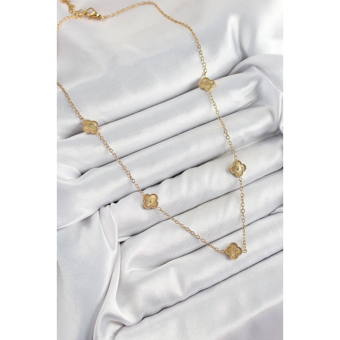 316L Çelik Yonca Model Gold Renk Kadın Kolye - TJ-BKO10378