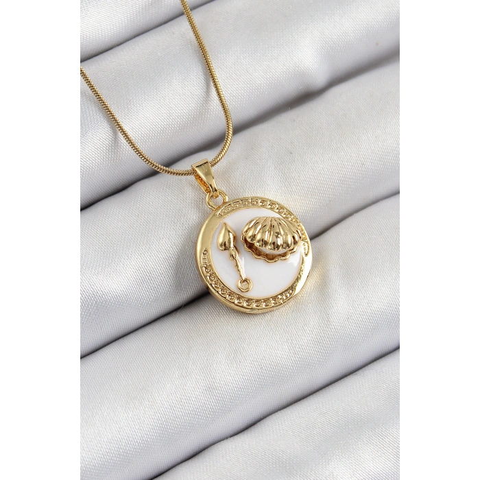 316L Çelik Zincir Beyaz Mineli Sanatsal Portre İstiridye Model Gold Renk Kadın Kolye - TJ-BKO10267