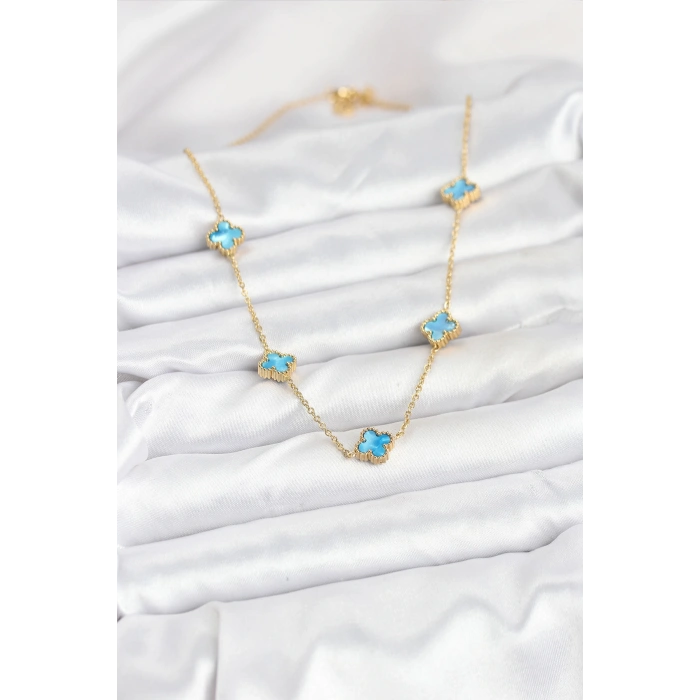 316L Çelik Zincir Gold Renk Buz Mavisi Baby Boy Yonca Kadın Kolye - TJ-BKO10571