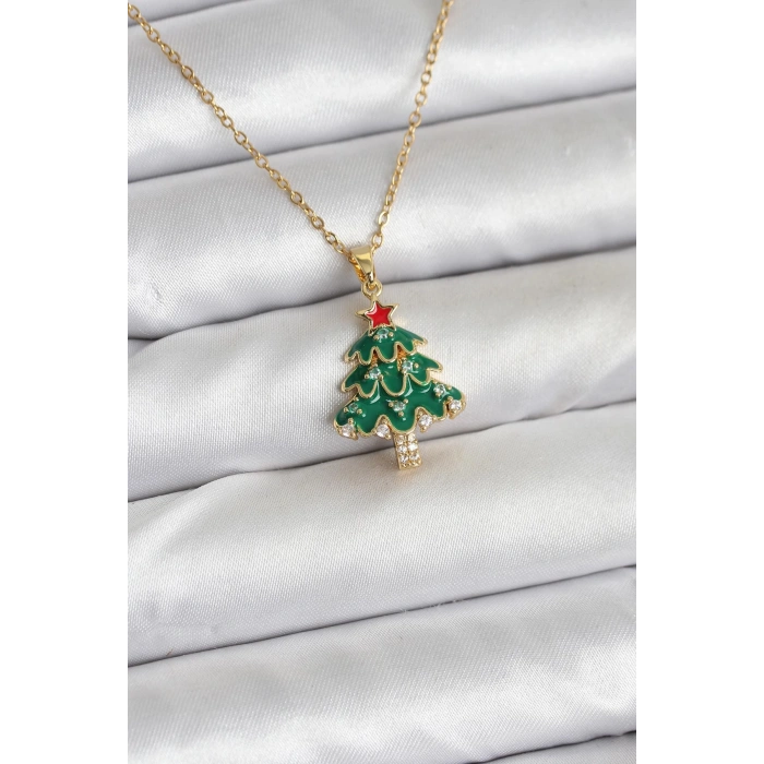 316L Çelik Zincir Gold Renk Çam Ağacı Model Yılbaşı Temalı Kadın Kolye - TJ-BKO10720