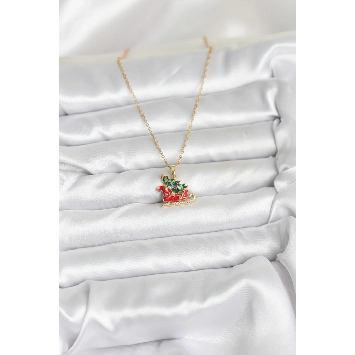 316L Çelik Zincir Gold Renk Kızak ve Çam Ağacı Figürlü Yılbaşı Temalı Kadın Kolye