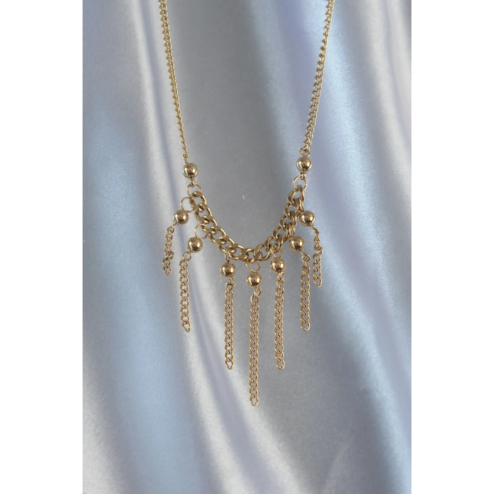 316L Çelik Zincir Gold Renk Topçuk Detay Sallantılı Zincir Kolye - TJ-BKO8911