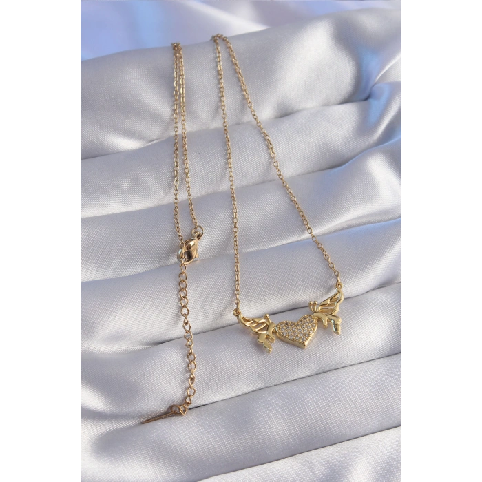 316L Çelik Zincir Gold Renk Zirkon Taşlı Kalp Model Detay Kolye - TJ-BKO8773