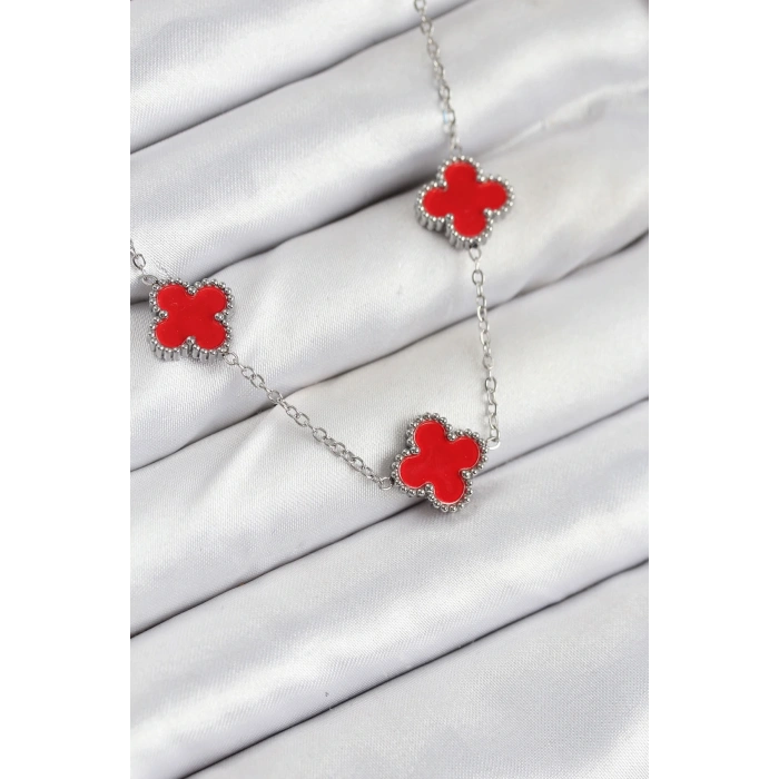 316L Çelik Zincir Gümüş Kırmızı Renk Yonca Kadın Kolye