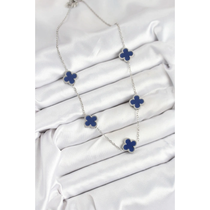 316L Çelik Zincir Gümüş Lacivert Renk Yonca Kadın Kolye - TJ-BKO10587