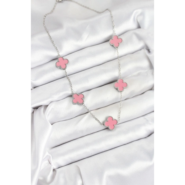 316L Çelik Zincir Gümüş Pembe Renk Yonca Kadın Kolye - TJ-BKO10584