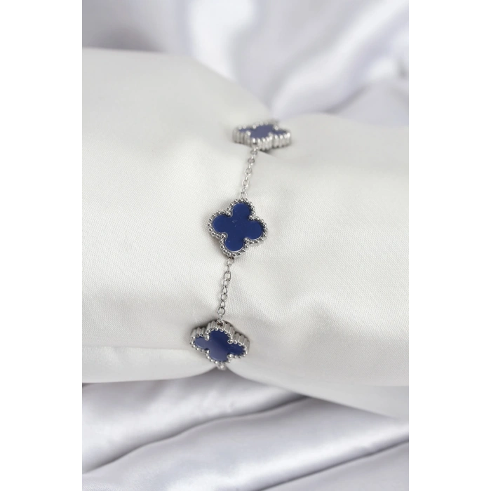 316L Çelik Zincir Gümüş Renk Lacivert Yonca Kadın Bileklik - TJ-BB7958